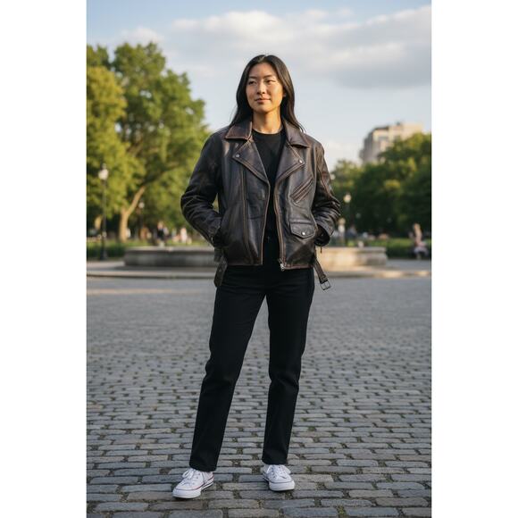 Vintage Brown Leather Racing Jacket—Distressed Moto Heritage (80s–90s Era) Sz. M - Picture 6 of 16